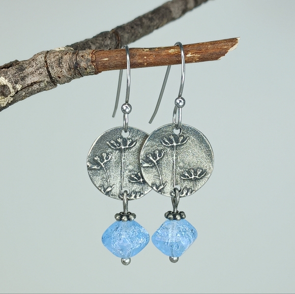 Artisan Jewelry - HAND CRAFTED Artisan Pewter Wildflower Earrings Blue Vintage Glass Dangle